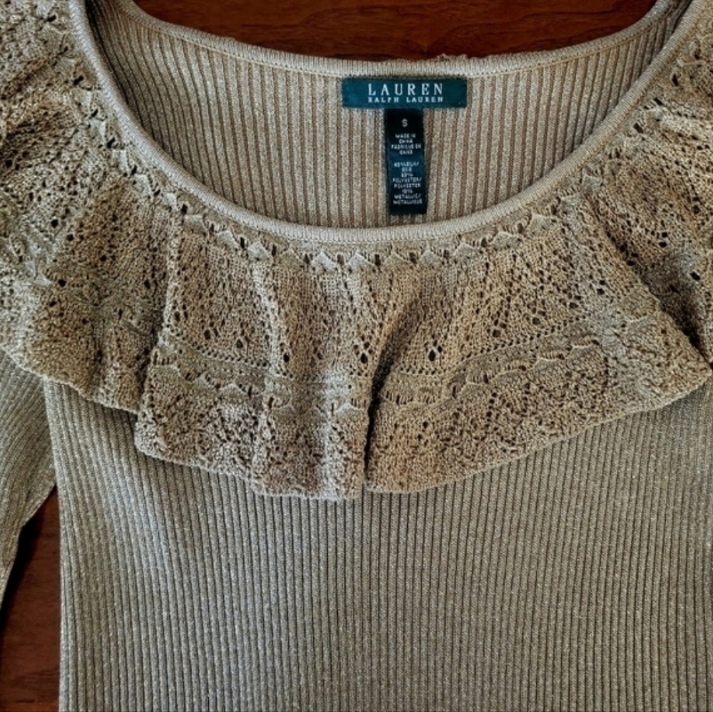 Lauren Ralph Lauren Gold Metallic Sweater Small Ruffle Crochet Pointelle Collar - Picture 5 of 9